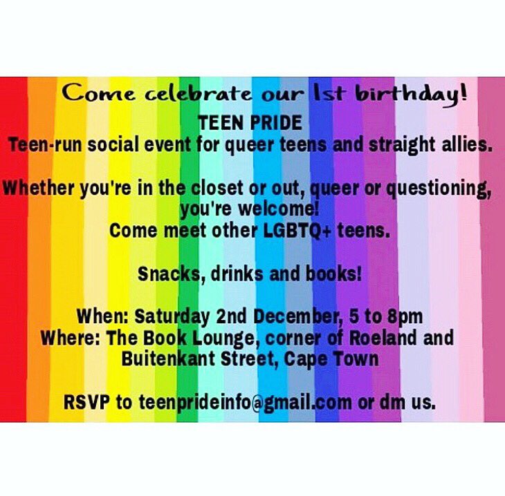 TEEN PRIDE! 🏳️‍🌈✨ Social event for LGBTQ+ Teens and Allies. There’ll be plenty of snacks, drinks, and great books! Saturday, 2nd December. 5-8 PM. The Book Lounge (c/o Roeland and Buitenkant Street). See you there! ❤️💛💚💙💜