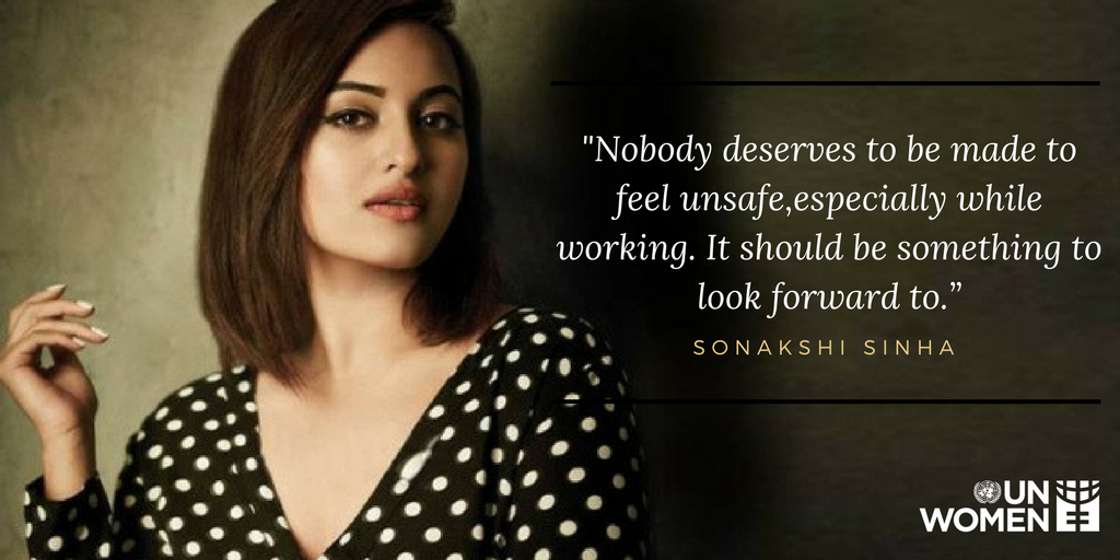 unwomenindia's tweet photo. Nobody deserves to be made to feel #unsafe, especially while #working. It should be something to look forward to: @sonakshisinha Together we can end violence against women &amp; make work spaces safe #16Days #OrangetheWorld #MySafeDelhi #MondayMotivation https://t.co/4irLsLjYCU