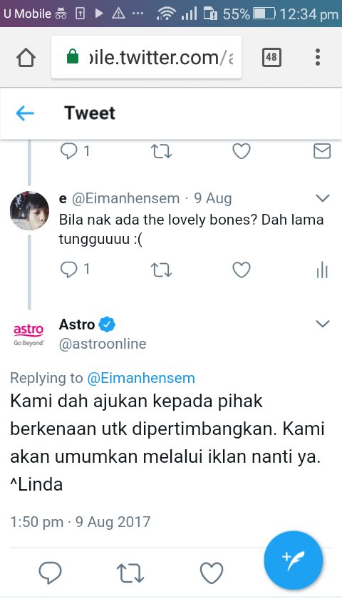 Eimanhensem's tweet photo. @astroonline Masalah saya ni besar sangat. Bila nak tayangkan the lovely bones?? Huhuhu :'(((((( https://t.co/xoAMhedYEu