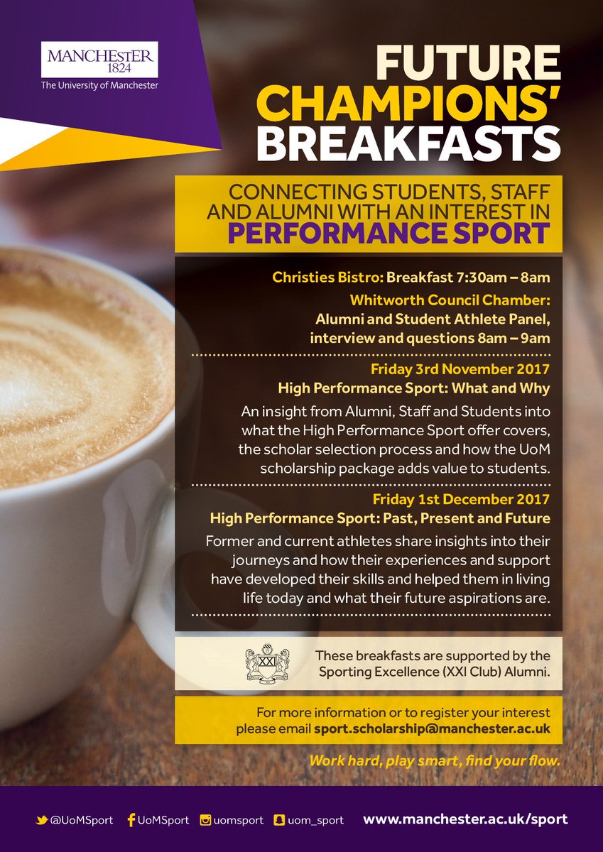 FINAL 24 HOURS TO REGISTER: Future Champions Breakfast, 1st Dec <a href="/ChristiesBistro/">Christie's Bistro</a>.  Join us, <a href="/serenbdavies/">Seren Bundy-Davies</a>, <a href="/Tarmstrong89/">TAFitness Mindset Motivation</a> &amp; @rowenabirch to talk UoM High Performance Sport. Email sport.scholarship@manchester.ac.uk for registration link &amp; password *Limited spaces* #studentsport