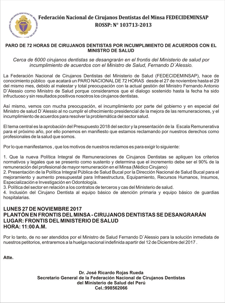 FDNCD's tweet photo. @NicolasLucar Ministro de Salud, no cumple su promesa y por ello los cirujanos dentitas de todo el Perú entraremos en huelga. https://t.co/k4xia08b81