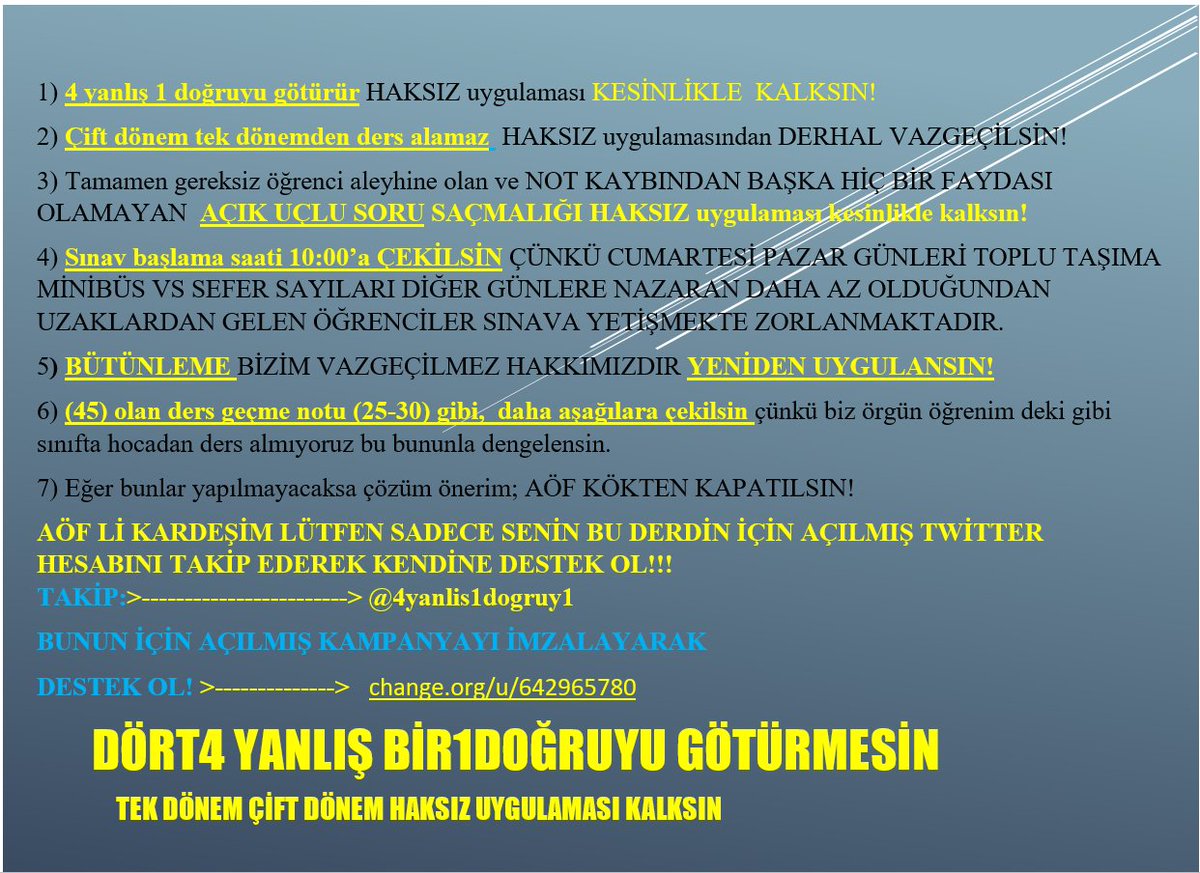 4yanlis1dogruy1's tweet photo. #24KasımöğretmenlerGünü HEDEF 1 MİLYON İMZA!   #aöf4yanlış1doğruyugötürmesin   #aöfçiftdönemtekdönemHAKSIZuygulamasıkalksın #aöfsistemitamamendeğişsin  #aöfzulmübitsinbütünlemegelsin
DESTEK LÜTFEN>-----------> https://t.co/4ooC7shmVz 
TAKİP LÜTFEN>------------> @4yanlis1dogruy1 https://t.co/8bxdB1ywL3