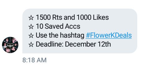 mrsuhossi's tweet image. OMG! FAM PLEASE HELP ME :( I NEED 1500 RETWEETS AND 1000 LIKES! PLEASE HELP ME :)
I DO RTXRT AND LIKEXLIKE :)
DEADLINE IS DECEMBER 12th
#FlowerKDeals