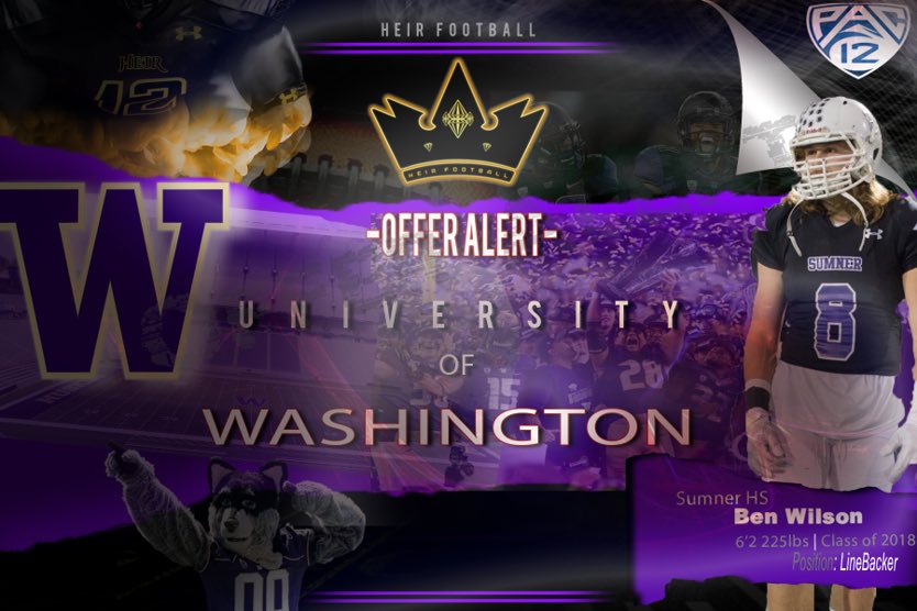 HeirFootball's tweet image. 👑🚨OFFER ALERT🚨👑

Congrats to Sumner HS Linebacker, @BenjaminRWilson on his D1 scholarship offer from the hometown UNIVERSITY OF WASHINGTON.

#SumnerFB 
#HeirFootball 👑
#GoDawgs 🐺