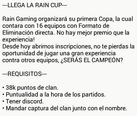 Anunciamos la #RainCup !

Para entrar deben cumplir los siguientes requisitos:
-RT y MG
-Seguir a <a href="/Dev1ce17/">Dev1ce~</a> 
-Seguir a <a href="/RainGamingVE/">Rain Gaming⚡</a>
-Seguir a nuestro colaborador @CopaEaglesCR 

Información 👇