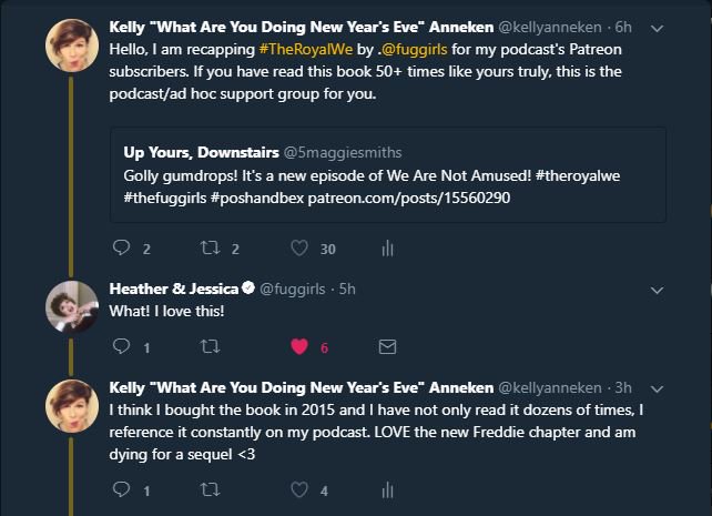5maggiesmiths's tweet photo. Tfw the writers of your favorite book RT you and chat a bit #TheRoyalWe #fuggirls https://t.co/sgONHVLPHD