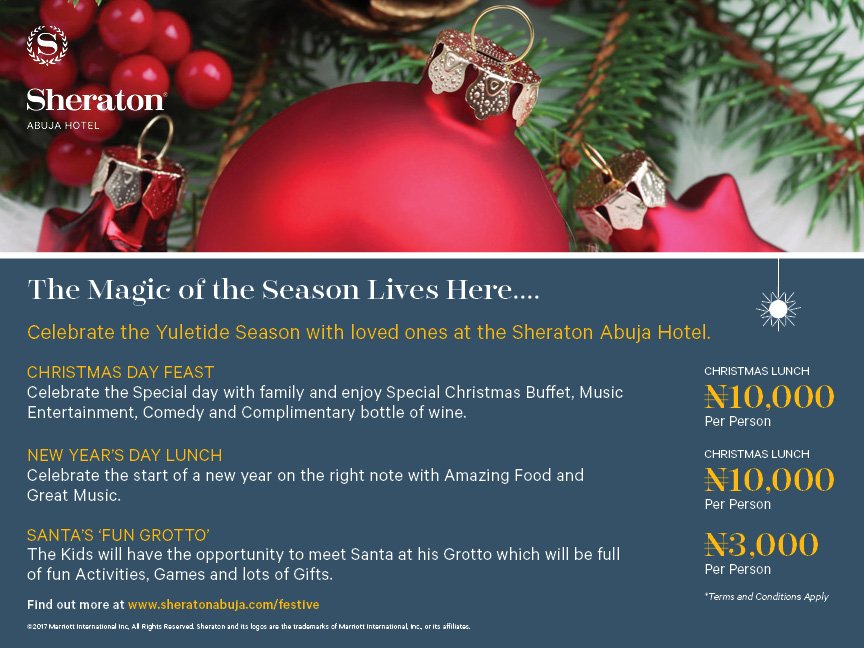 SheratonAbuja's tweet photo. Tell us What you would love from #Santa this #Season
#Christmas #Laughter #Care #Share #Cheer #ChristmasCheer #Joy #SantaClause #ChristmasBuffet #FestivePackage #NewYear #Celebrate #Xmas #FestiveSeason #FunGrotto #FatherChristmas #Entertainment #ChristmasFeast https://t.co/1Y0cTqmiNA