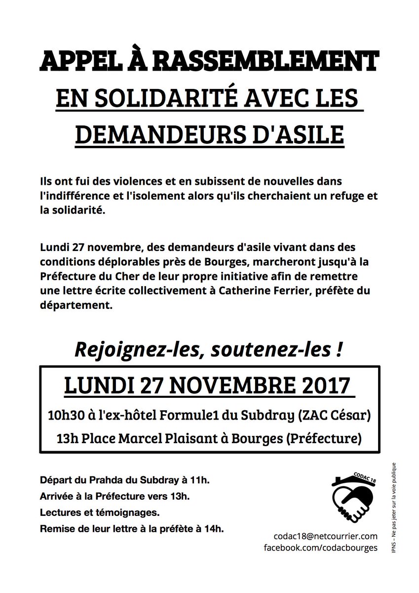codacbourges's tweet photo. Rappel : #Bourges (18), rassemblement en solidarité avec les demandeurs d'asile, lundi 27/11/2017, 11h au #Prahda (ex-hôtel Formule1) du Subdray, 13h à la Préfecture. Venez les soutenir. @leberry_fr @mediapart @lemondefr https://t.co/DCHWIuTVVe https://t.co/waYGiIkyRj