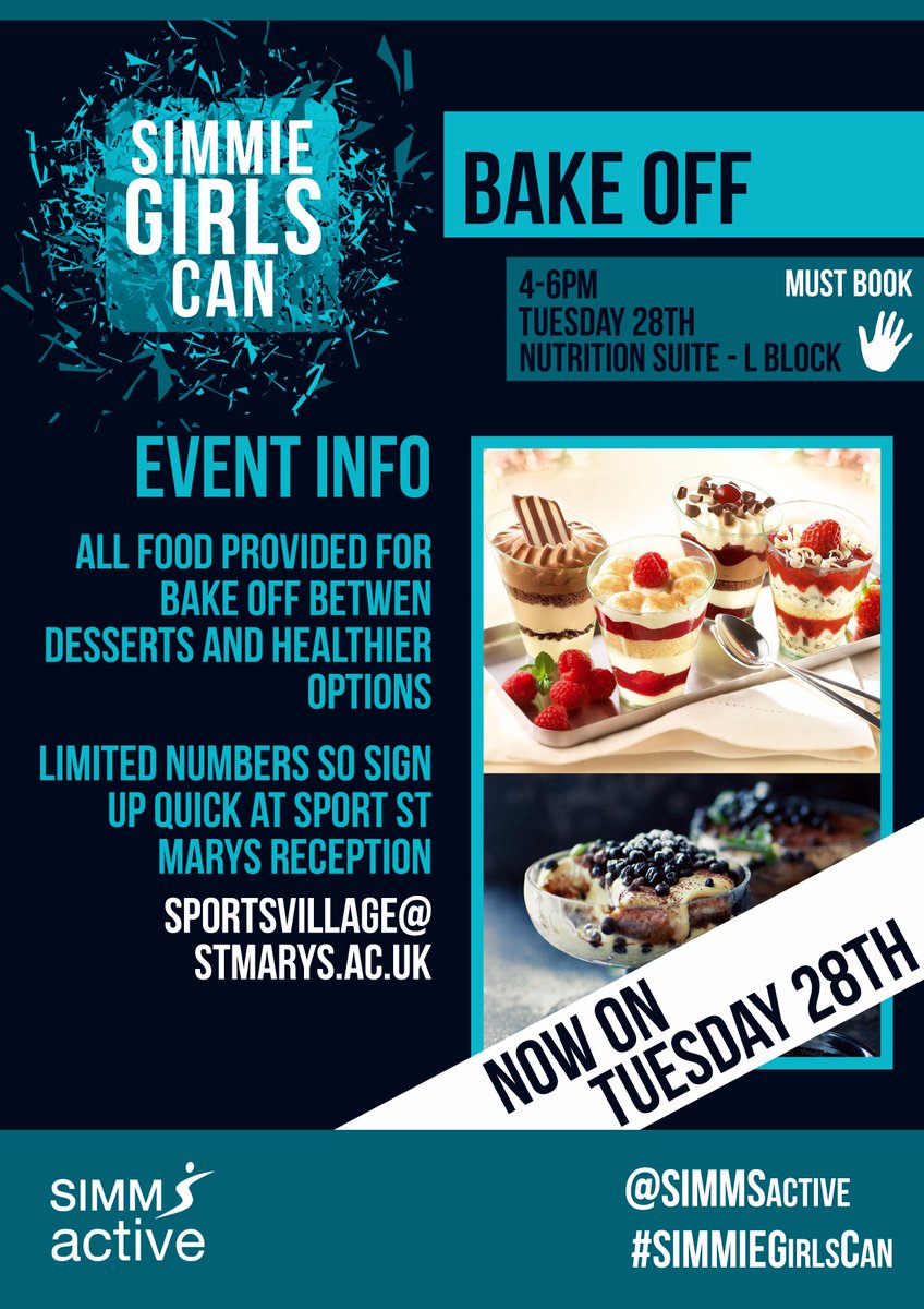 #SIMMIEGirlsCan Bake Off is going ahead tomorrow!  There are still a few spaces left!  Last chance to get involved and donate to <a href="/RefugeCharity/">Refuge</a>.  Tweet/Facebook/email/pop into us to get your name down :) <a href="/SIMMStory/">tory simms</a> @SportStMarys <a href="/SMSU/">salman uddin</a>