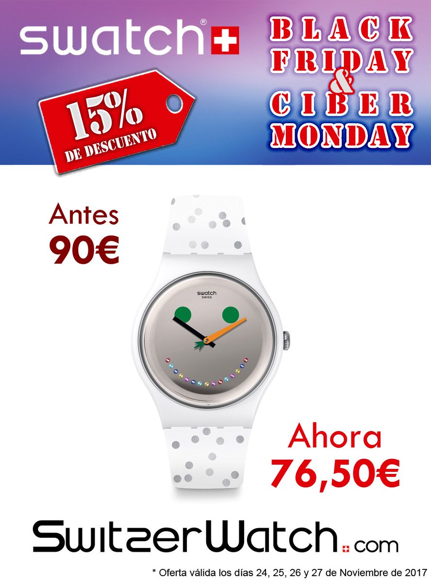 switzerwatch's tweet photo. Último día de ofertas Ciber Monday con todos los relojes Swatch con descuentos del 15%... ¡No te lo pierdas! ¡Adelántate a la Navidad con https://t.co/hmNyeDgEIh! #relojes #swatch #FelizLunes #cibermonday #BlackFriday #OFERTAS #descuentos #NoTeLoPierdas #reloj #DiaDelMaestro https://t.co/WoRP24eTki