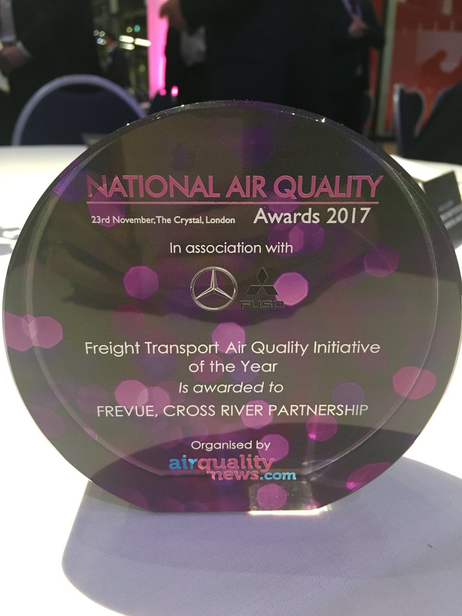 FREVUE_project's tweet photo. Thrilled to have won the #NAQ2017 Award for Freight Transport Initiative of the Year! Thanks to @airqualitynews and all FREVUE partners! @CrossRiverPship https://t.co/NJ6RKQzDf1