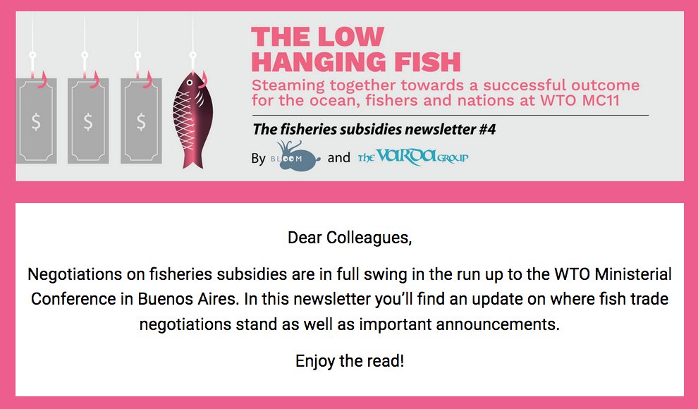 Bloom_FR's tweet photo. Interested in @wto #MC11 #FishSubsidies negotiations? Fresh from the press: the 4th newsletter of #TheLowHangingFish campaign by @Bloom_FR & The Varda Group is out. ▶️ https://t.co/W3JsIBrfCh - Read, watch, comment, retweet. #SDG14 for the #ocean #SubsidyWatch https://t.co/VDNwccHYuo