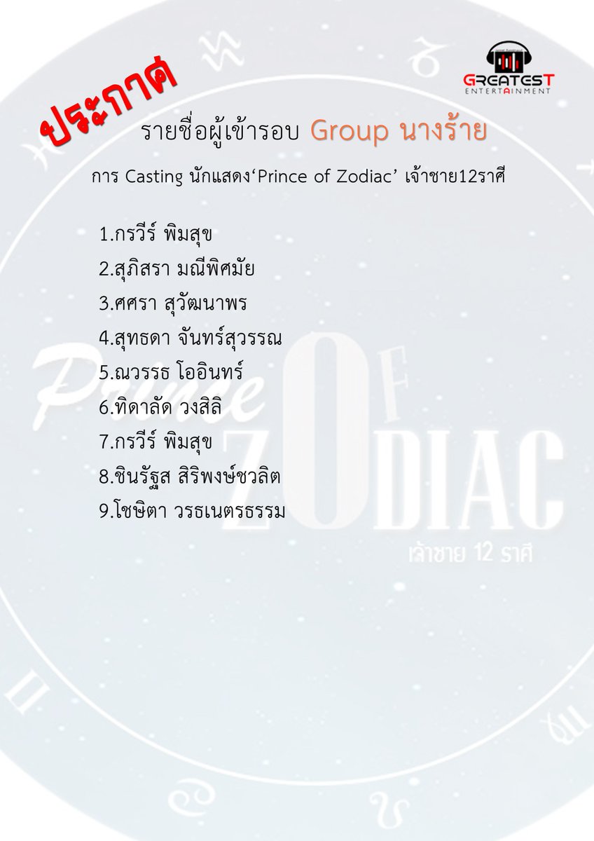 Greatest_Ent's tweet photo. ประกาศรายชื่อผู้ที่ผ่านเข้ารอบ การ Casting นักแสดง‘Prince of Zodiac’ เจ้าชาย12ราศี https://t.co/zMfZ1fXzrg