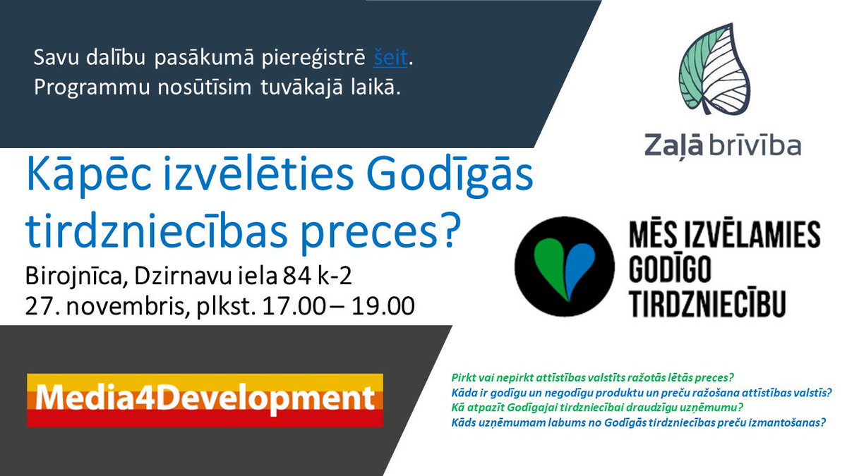 Glokalizacija's tweet photo. Četri stāsti par #GodīgāTirdzniecība , stāstīs LV žurnālisti, Baltijas reģiona biedrību un uzņēmēju pārstāvji, un skolotājs no Mjanmas. Tiekamies šovakar @birojnica @ZalaBriviba #M4Dproject https://t.co/Rd8Ie6RR9Q