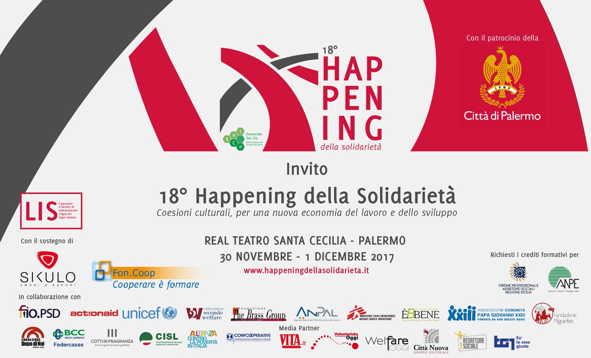 consorzio_solco's tweet photo. - 3 A HAPPENING 2017, l'evento più importante al sud su #welfare e #terzosettore
CLICCA QUI PER TUTTE LE INFO ➡️ https://t.co/XhXw5aqEMQ
Vi aspettiamo a #Palermo il 30 novembre e 1 dicembre
@Fondazionebbene #ReteSolCo #HdS2017 #CoesioniCulturali https://t.co/DXb0g3kG7v