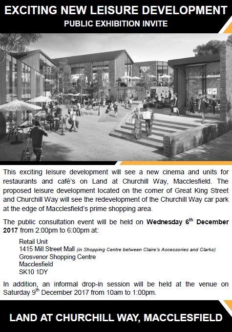 seemacclesfield's tweet photo. Churchill Way Leisure Development: The developers are holding a consultation event in the Grosvenor Centre Wednesday 6th December and Saturday 9th December #Macclesfield #Cheshire https://t.co/BNAEpopHqt
