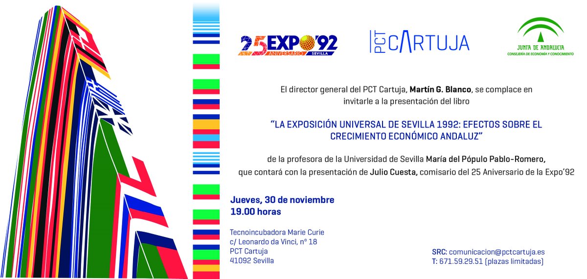 SevillaTechPark's tweet photo. Nos volvemos a unir a los actos de celebración del #25Expo92, esta vez para hablar de sus efectos en la economía andaluza. La entrada es libre PREVIA CONFIRMACIÓN DE ASISTENCIA. @Ayto_Sevilla @EconomiaAND @expo92 @LegadoExpo https://t.co/FObzhlqPdU