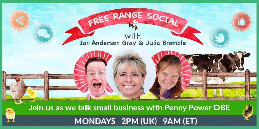 cheadleUK's tweet photo. Join @JuliaBramble &amp; @iagdotme live today for the Free Range Social Show. 
We're really excited to have a very special guest - Penny Power, OBE (@pennypower)
We'll be talking about what's needed to build a small business, how to build amazing communities.
https://t.co/RFGI1yMeEx https://t.co/23ijCp6Fpe