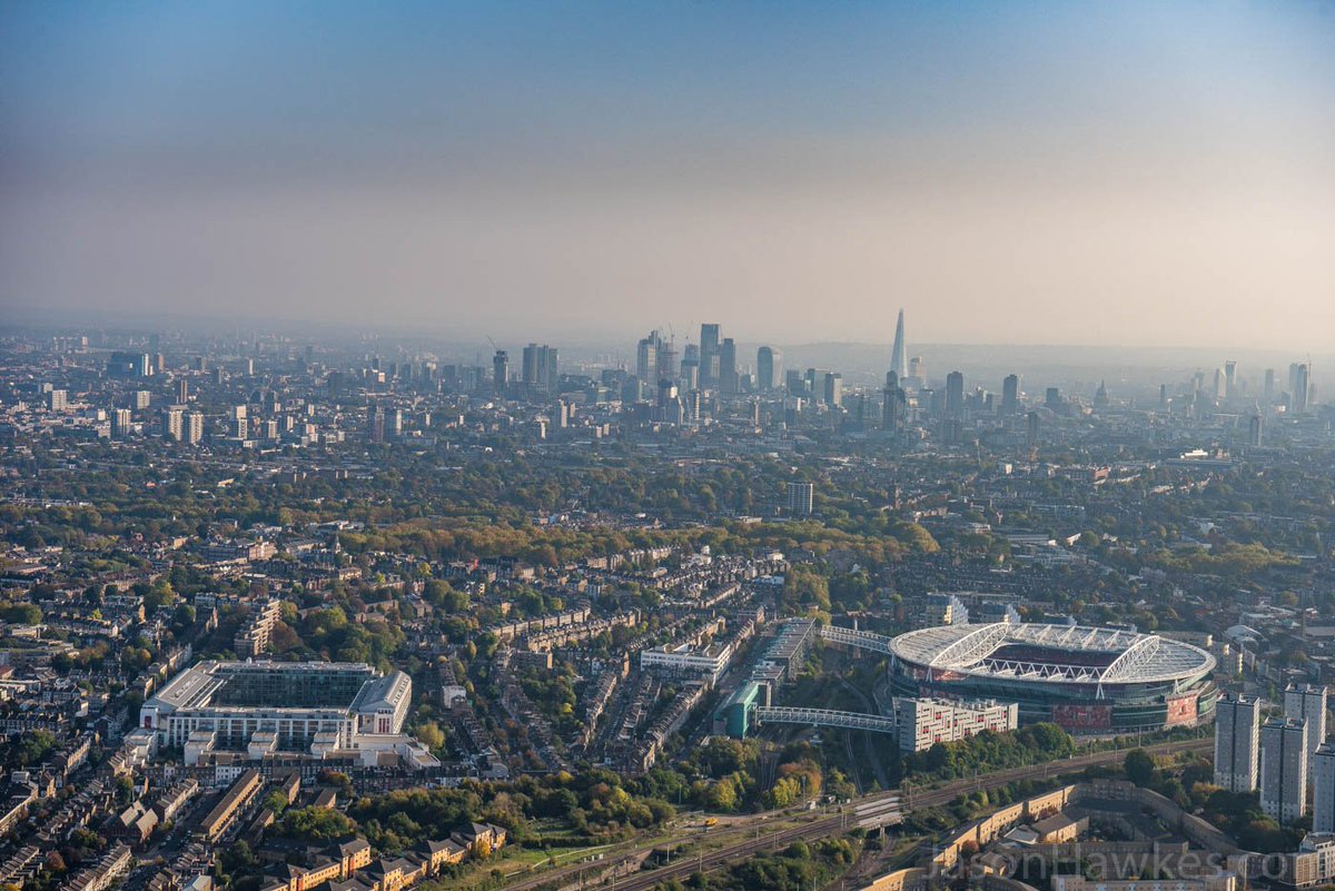 View across <a href="/Arsenal/">Arsenal</a> stadium and Highbury Square with City of London in background. #football #Gooners