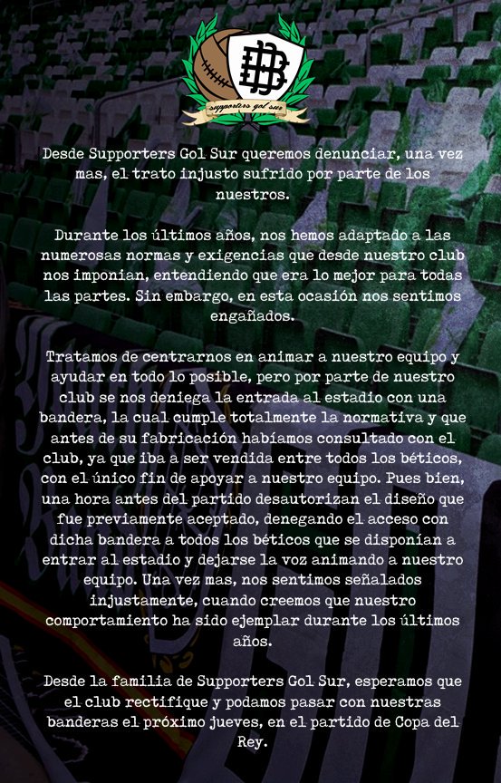 SGS86Oficial's tweet photo. COMUNICADO OFICIAL:
(Queríamos pedir disculpas a nuestros socios y simpatizantes que sin culpa ninguna se han visto involucrados en actos desagradables por el mero hecho de portar material de nuestro grupo para animar a nuestro equipo, el REAL BETIS BALOMPIE) https://t.co/S3aEiDH9FN