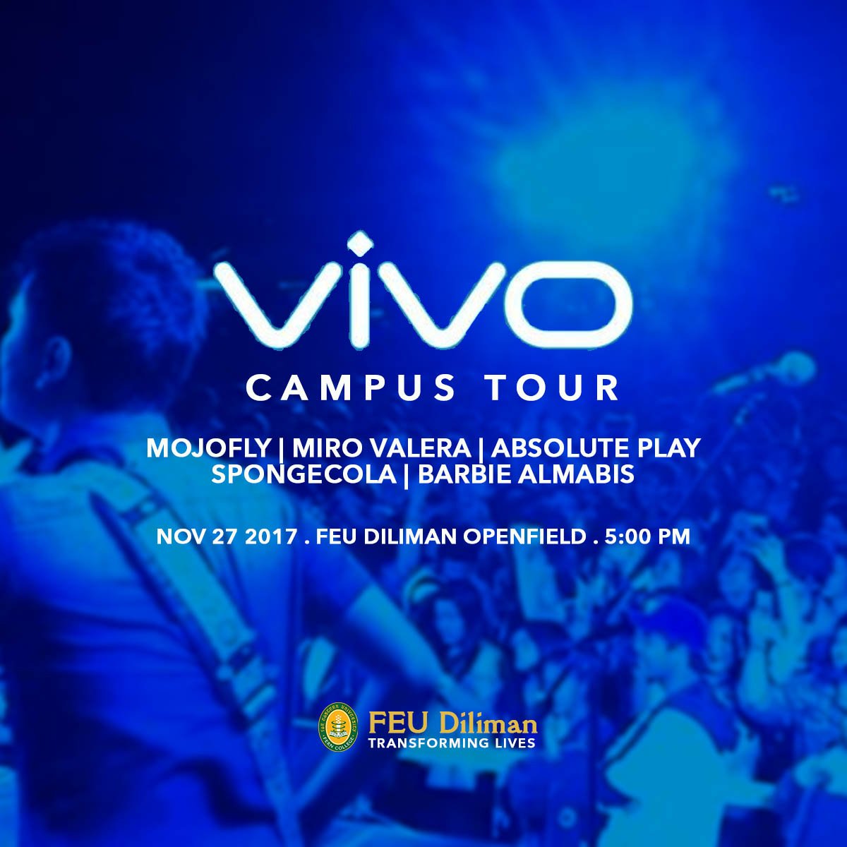 FEUdiliman's tweet photo. The Vivo Campus Tour Free Concert is about to start in a few minutes! To all students, alumni, faculty, and staff, you are all invited join this #SpectacularShow as we end our first day of #OrgFair2017 #Fernivale https://t.co/PoLNLsvPde