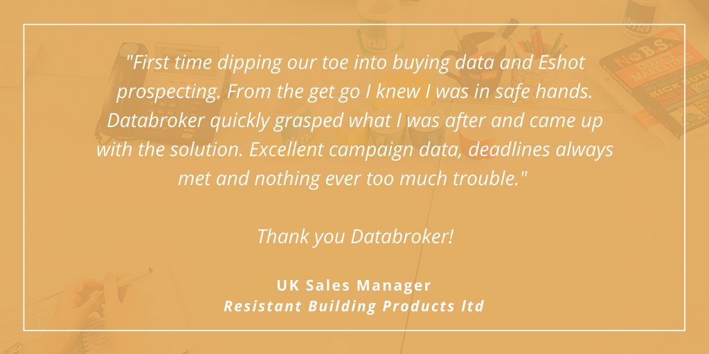 Databroker's tweet image. "Excellent campaign data, deadlines always met and nothing ever too much trouble." - We love getting #reviews like this. Always a pleasure to help our customers!

If you need clean, accurate #data for your next marketing campaign call 0161 941 5700 today.