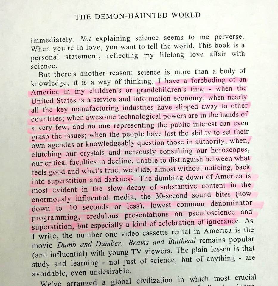 DrAaronB's tweet photo. Imagine that the prescient Carl Sagan wrote this in the mid 1990’s. Outside his disdain for Beavis and Butthead, he’s right on the money: https://t.co/MyWfSGW1jo