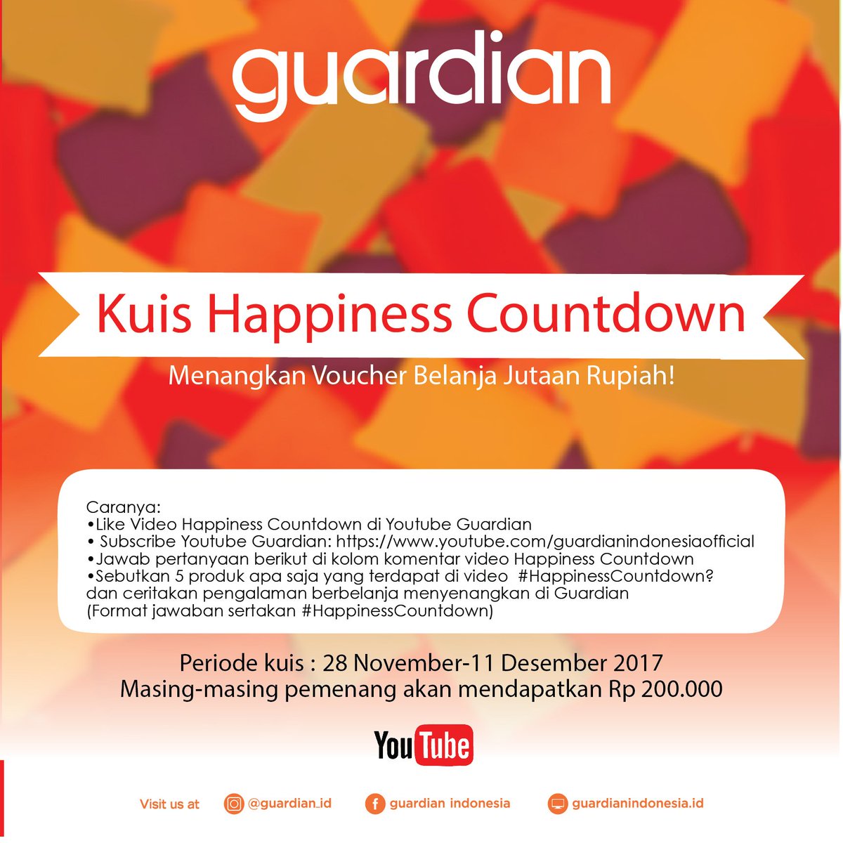 GuardianID's tweet photo. Ikuti Kuis #HappinessCountdown di Youtube Guardian dan Menangkan Hadiah Total Voucher Belanja Jutaan Rupiah Untuk 10 Pemenang! #HappinessCountdown https://t.co/7ufBt6I1iR