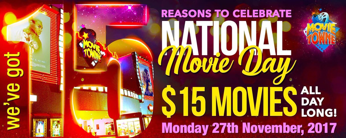 Let the fun times begin!  It's National Movie Day!  All movies are $15 all day long! Exclusively at #MovieTowne! #NationalMovieDay