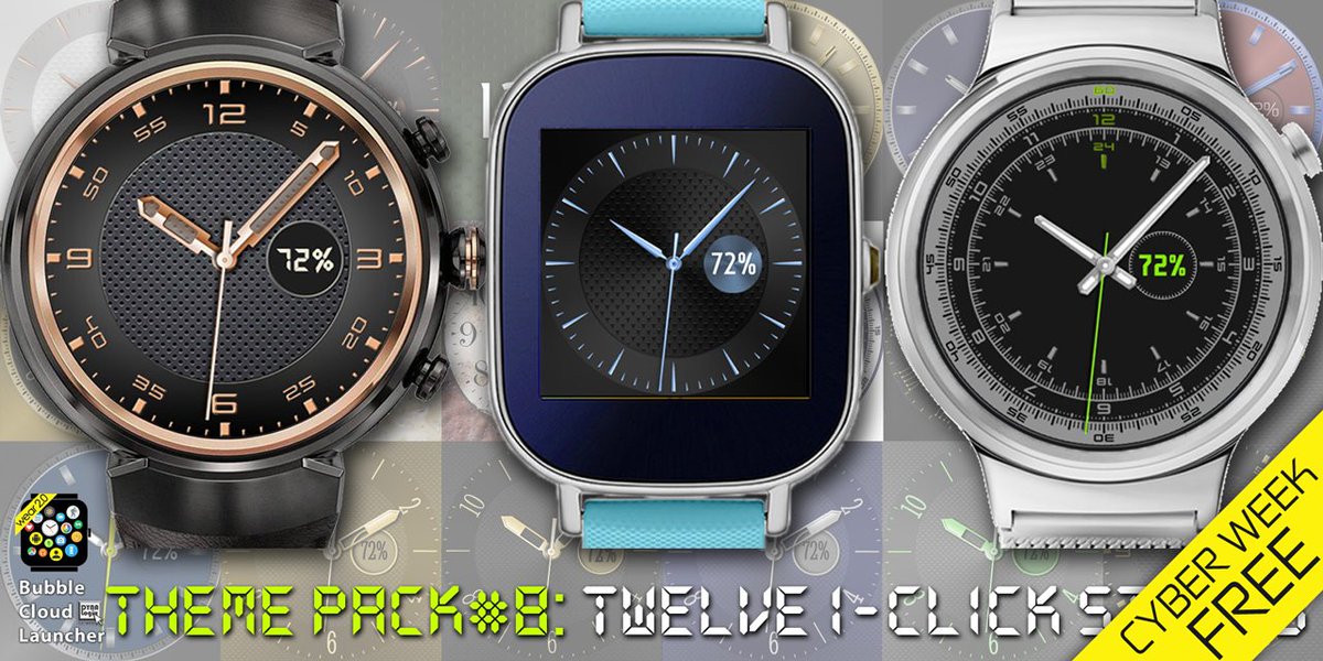 BubbleCloudWear's tweet photo. Starting #CyberMonday: Bubble Cloud Watch Face Launcher Theme Pack #8 is #Free for a few days (value of $1.59!) No purchase necessary: works with the free version of Bubble Clouds. https://t.co/48nkxn6vuc Please retweet! #CyberWeek #Android #AndroidWear2 #Watchfaces #Deals https://t.co/diTy9qdKOO