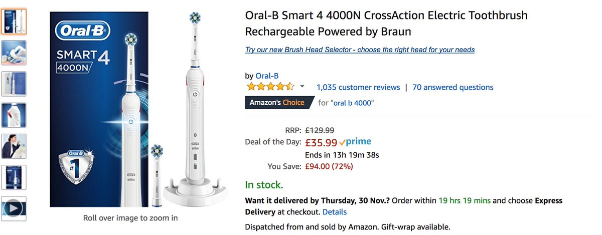 MustNotClick's tweet image. How's this for a proper #CyberMonday deal? 
Oral-B Smart 4 4000N Electric Toothbrush by Braun, SAVE £94 today, only £35.99 inc delivery! 😃
#CyberMonday2017 #CyberMondaydeals 
amzn.to/2i9Hx7k
