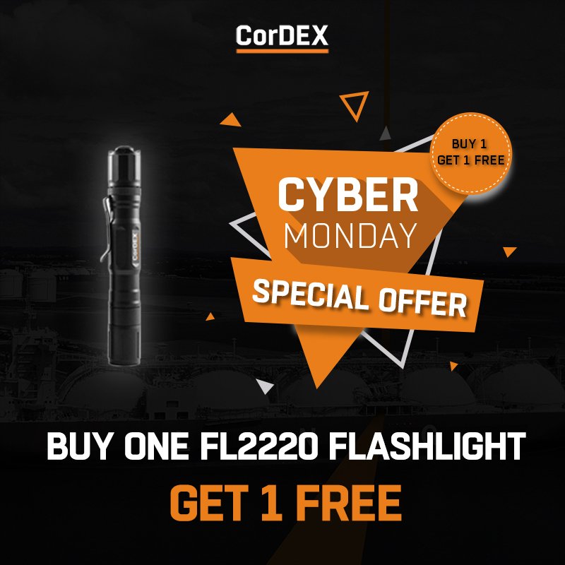 CorDEX_IS's tweet photo. It's #CyberMonday and we're offering Buy 1 get ONE FREE on one of our most popular products - the FL2220 Genesis Flashlight. To redeem this offer simply add 2 flashlights to your basket using this link https://t.co/NYTasGWlv8 and enter CMONDAY1 to get one FREE #sale #CorDEXtools https://t.co/5e9hXaImxM
