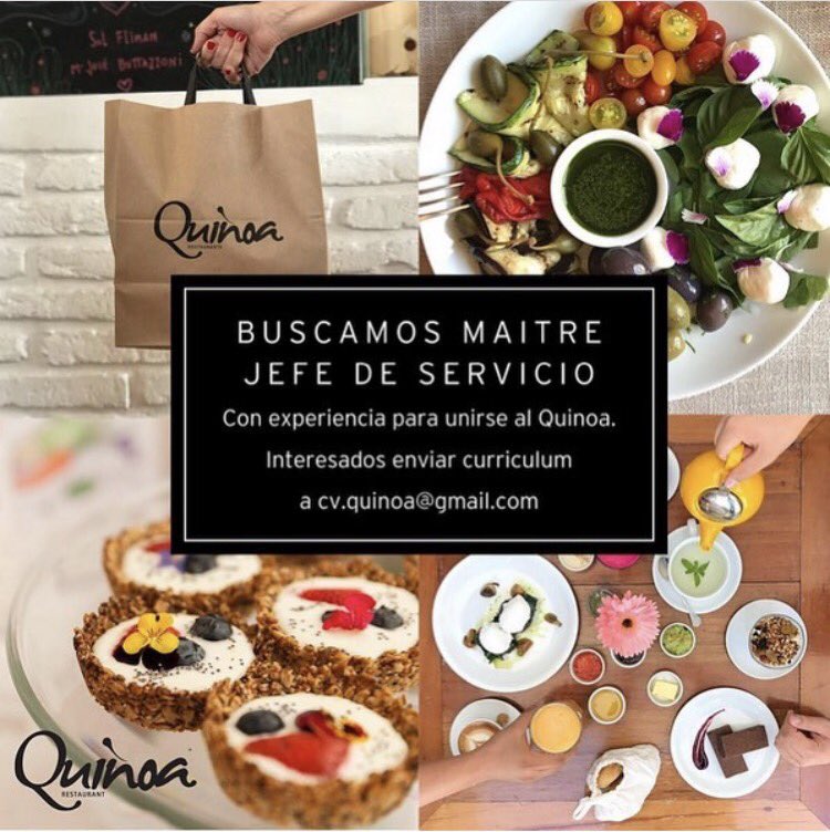 Buscamos maitre, jefe de servicio con experiencia. Interesados enviar CV a cv.quinoa@gmail.com