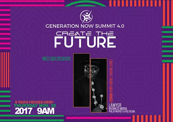 GenerationNOWng's tweet photo. MEET OUR SPEAKERS:

Chief (Barr.) Dumo Lulu-Briggs is a personality that needs introduction. His feats in business, philanthropy, &amp; politics speak for themselves.

Join him on Thursday November 30, 2017 by 9am at The Arena, Tombia Road, GRA, PH.

Access: N1,000

#GNS4 https://t.co/Cu6IxNETN4