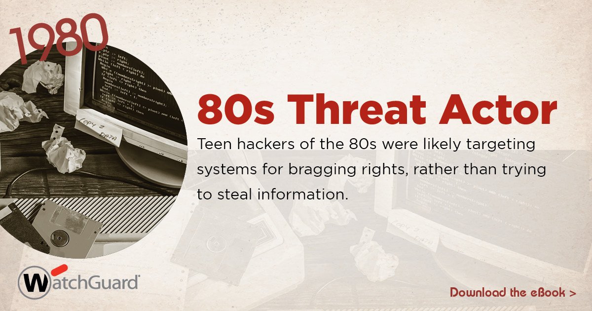 WatchGuard_FR's tweet photo. Les acteurs des menaces des années 1980 étaient principalement des script kiddies, qui ciblaient les systèmes de défense de droits. #infosec https://t.co/EBLfg2Dicv https://t.co/aPdcJGJTLd