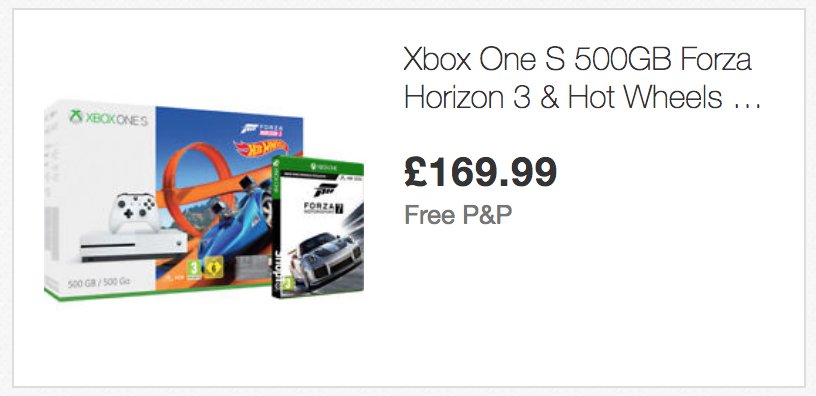 MustNotClick's tweet image. Here's a great #CyberMonday deal from eBay.

Xbox One S 500gb Console Forza Horizon 3 &amp;amp; Hot Wheels Expansion Just £169 including delivery
🏎️🚦🕹️
#CyberMonday2017 #CyberMondaydeals #XboxOne #Forza 
 rover.ebay.com/rover/1/710-53…