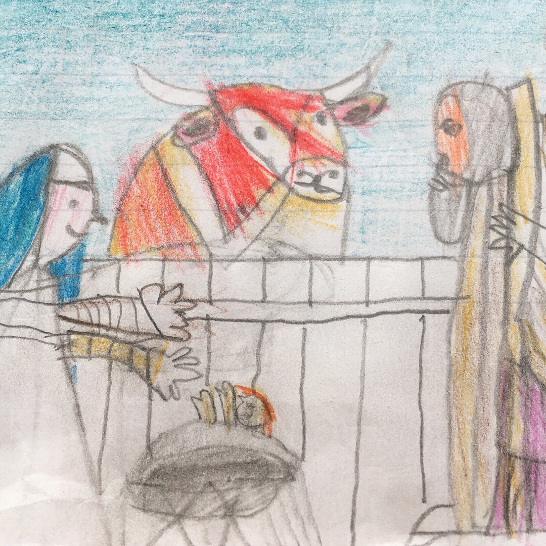 botts_jeremy's tweet image. Details from Simon's Christmas gift to his cousin Ezra. An illustrated book based on Tomie de Paola's Friendly Beasts. Doves are cooing their soothing song &amp;amp; Mary is pretty ecstatic. And that cow with elbow resting on the fence! #friendlybeasts #tomiedepaola #babyjesus #kidsart