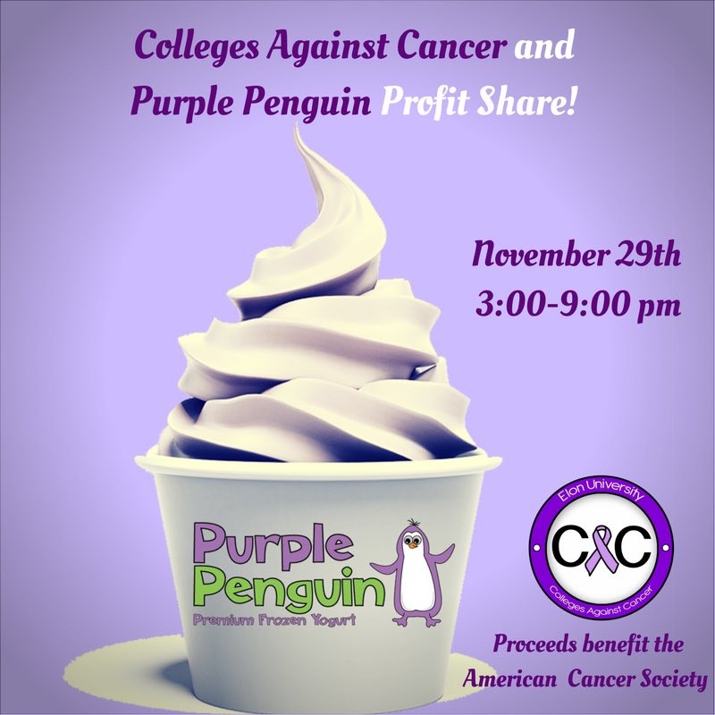 ElonCAC's tweet photo. Stop by Purple Penguin this Wednesday from 3-9 for a profit share to support the American Cancer Society! https://t.co/ujj7fsREUV