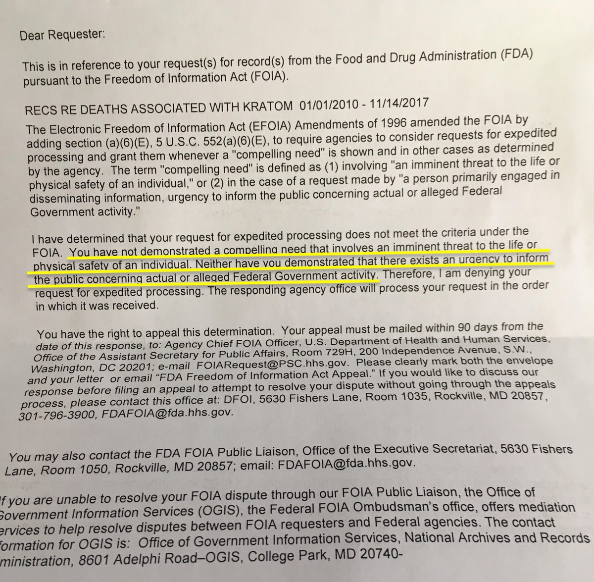 nickpwing's tweet photo. FDA uses interesting language to deny my FOIA request for expedited release of data on kratom deaths.

No “compelling need that involves an imminent threat to the life or physical safety of an individual.” https://t.co/gkUU9NUTbG