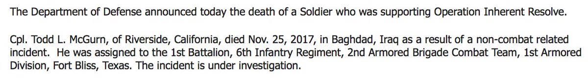 ABCPolitics's tweet photo. NEW: Defense Dept. identifies U.S. soldier killed in non-combat incident in Baghdad, Iraq this weekend as Todd L. McGurn, of Riverside, CA. https://t.co/coBx7fOpsK