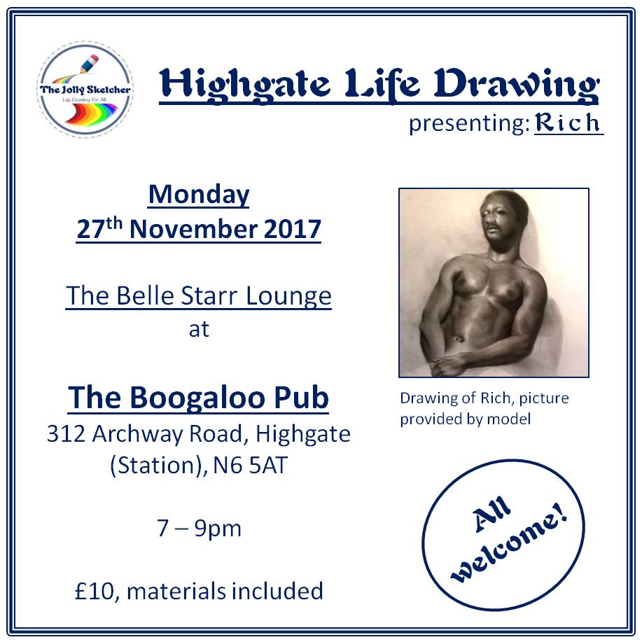 TheJollySktcher's tweet photo. Join us this evening @TheBoogaloo pub! 7-9pm, £10 including materials, everyone welcome! #highgate #muswellhill #HighgateLifeDrawing #lifedrawing #lifedrawingforall #drinkanddraw #funatthepub #malemodel #northlondon #whatsontonight https://t.co/75HDStDghU