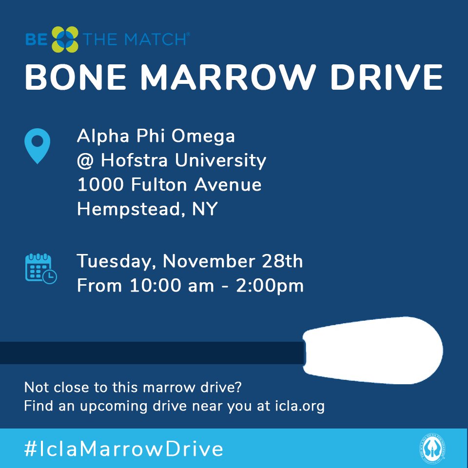 IcladaSilvaFdn's tweet photo. Join us, Save a Life! #AlphaPhiOmega @HofstraU is hosting a #BeTheMatch Bone Marrow Drive TOMORROW from 10am-2pm! Or join now at https://t.co/0V9wYq1R5J @HofstraStudents  #marrowdrive #marrowdonor #savinglives https://t.co/aQvj0mLzpo