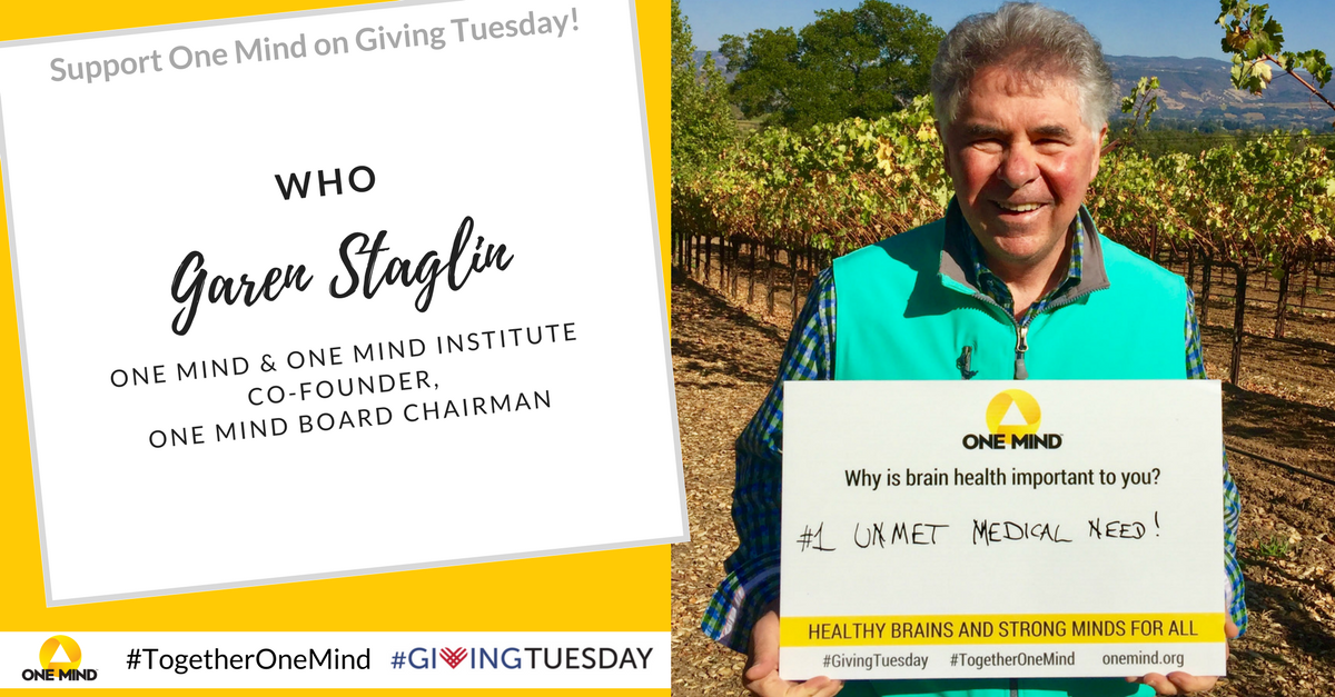 OneMindOrg's tweet photo. Be a Brain Health Champion! Join Garen Staglin, Board Chairman of @1mind4research in our efforts to bring new hope to those touched by brain injury and illness. Make your gift to One Mindโs #GivingTuesday campaign Today! #TogetherOneMind #StaglinFamily https://t.co/F97FZMJSsz https://t.co/Pb6ZFwP7QH