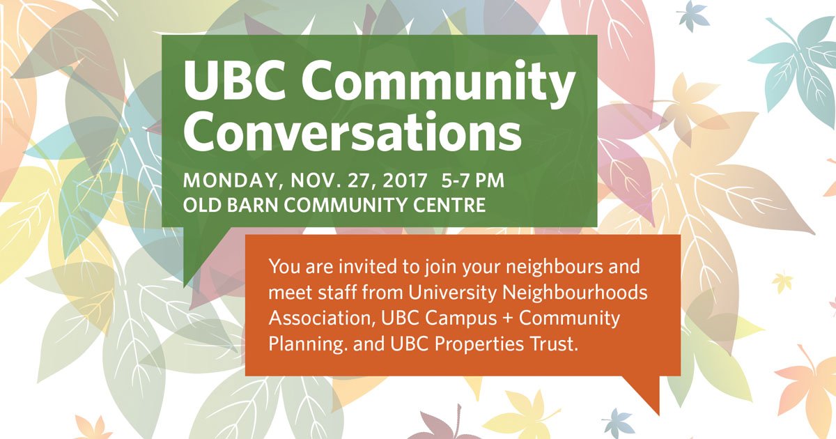 UNArecreation's tweet photo. UBC Community Conversations is happening tonight (Monday, November 27). Come join your neighbours in discussion from 5pm - 7pm at the Old Barn Community Centre. https://t.co/YETMOSW8On