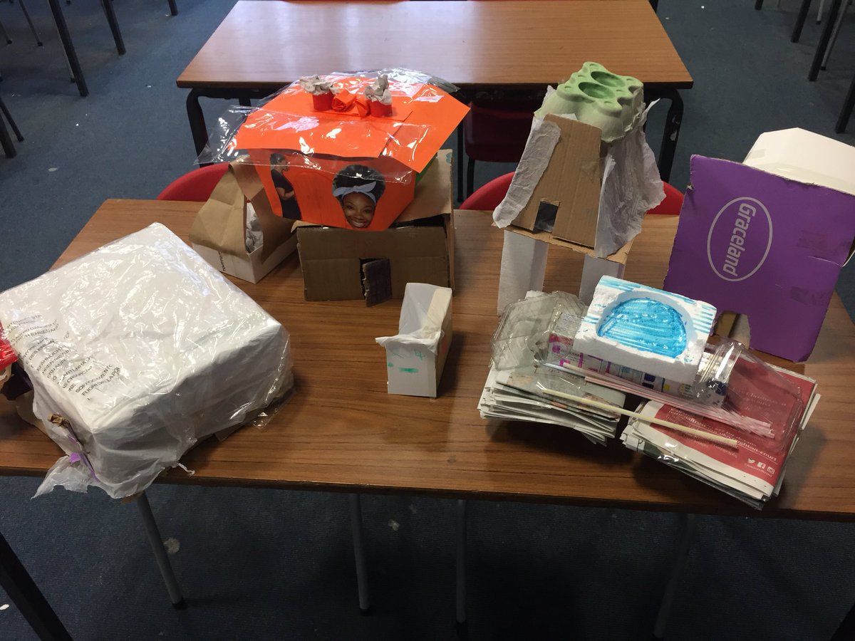 stephgeographer's tweet photo. The houses that year 9 created this afternoon from ‘rubbish’. They then presented to the group with why they had used their materials. Apparently they’ve actually learnt what I’ve been teaching! #geographyteacher #finallylearning https://t.co/0BhrygjQuh