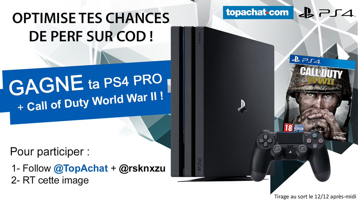 Je vous propose de remporter la nouvelle PS4 Pro ainsi que CoD WWII avec les bros de <a href="/TopAchat/">TopAchat</a> ! Follow nous et retweet, tirage au sort le 12/12