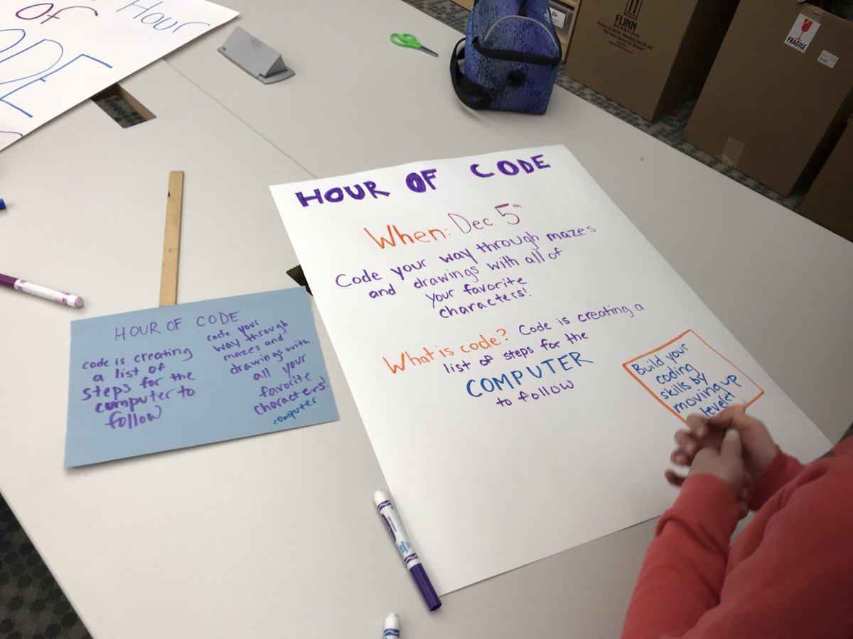 eps_tech's tweet photo. We are getting ready for the EPS Hour of Code!  Hallway posters in the making! #eps #hourofcode #clsstripes https://t.co/ySyB4Jmh8U