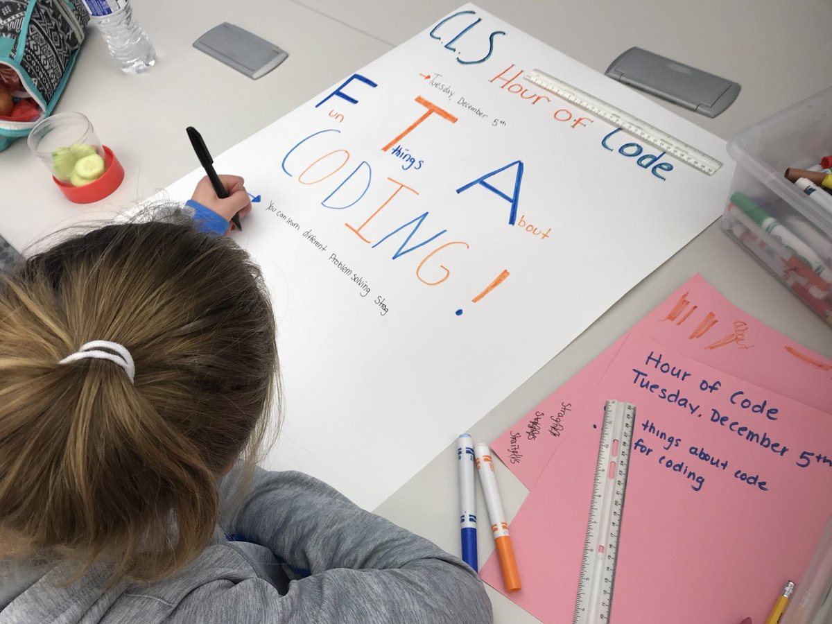 eps_tech's tweet photo. We are getting ready for the EPS Hour of Code!  Hallway posters in the making! #eps #hourofcode #clsstripes https://t.co/ySyB4Jmh8U