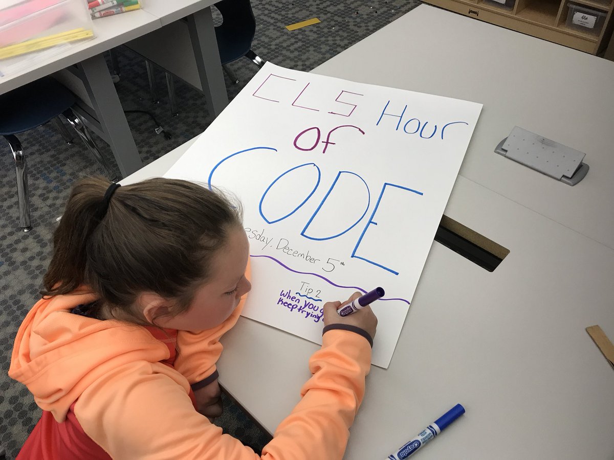 eps_tech's tweet photo. We are getting ready for the EPS Hour of Code!  Hallway posters in the making! #eps #hourofcode #clsstripes https://t.co/ySyB4Jmh8U