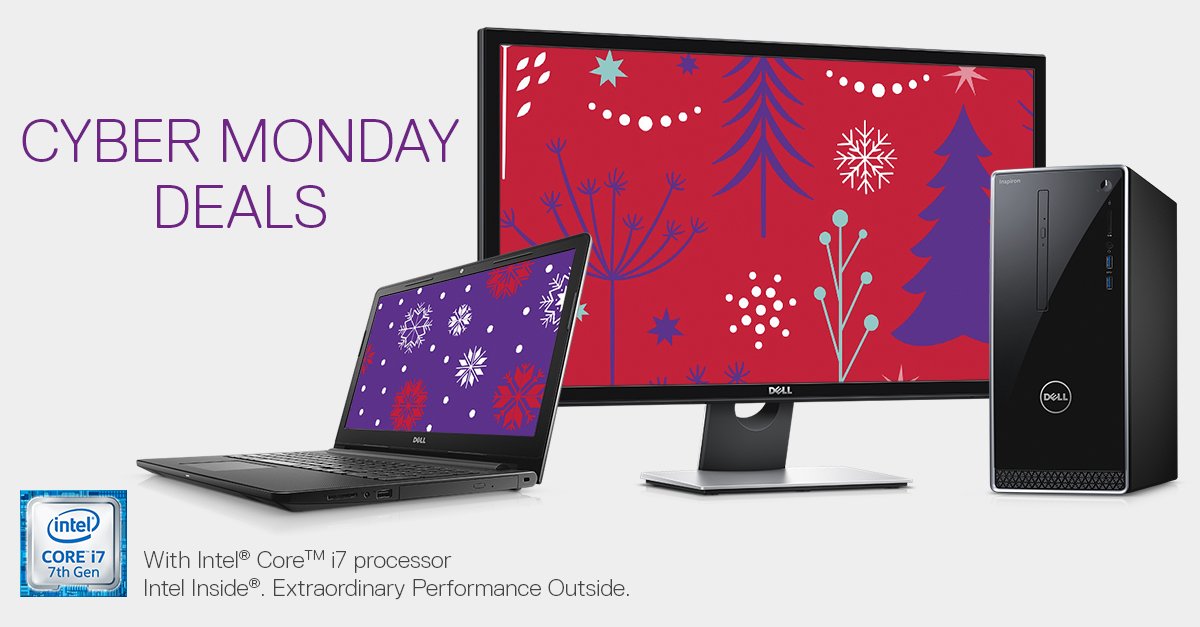 Dell's tweet photo. Goodbye, turkey - Hello, #CyberMonday deals!  Don't miss out on our limited-quantity hourly doorbusters today (11/27) 8AM – 8PM ET at https://t.co/4HdrAPScnO. #DellHolidayDeals (U.S.) https://t.co/64zBDWuU9g